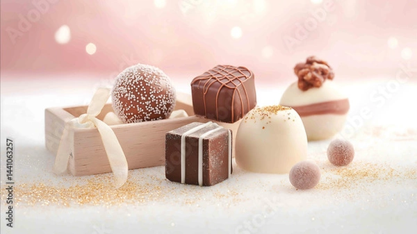 Fototapeta A photograph of several chocolates pink praline white ablack chocolate in a nice wooden box a pink gradient background golden glittering cinematic style highkey lighting