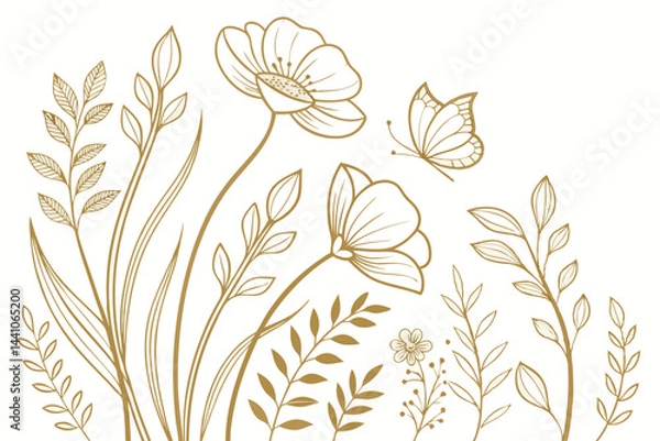 Fototapeta Set of boho simple geometric branch and flowers. Botanic design elements in wavy and vintage style. Leaves and branches print for logo, social media or packaging and greeting card. Vector illustration