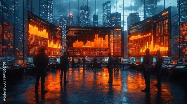 Fototapeta People stand before large screens displaying financial data in a modern office.