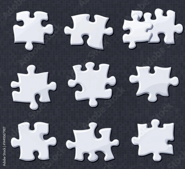 Fototapeta A jigsaw game can be completed with white 3D puzzle pieces of various shapes, which have realistic renderings of different matching elements, square corners, and rounded edges to symbolize business