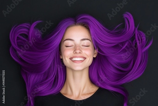 Fototapeta Happy young woman with long flowing vibrant purple hair lying on black background, eyes closed, smiling, minimalistic studio shot, hair framing face symmetrically, copy space

