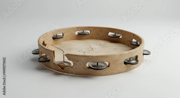 Fototapeta Cracked Tambourine Isolated with Torn Skin and Silenced Jingles on White Background in Studio Setting Showing Faded Carnivals Somber Aftermath with High Details