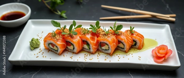 Fototapeta Spicy Salmon Sushi Roll with Artistic Plating