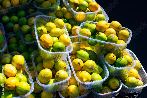Obraz Vibrant assortment of lemons and limes packed closely in plastic containers, highlighting their contrasting yellow and green. Stacked containers overflowing with ripe citrus fruits at street market