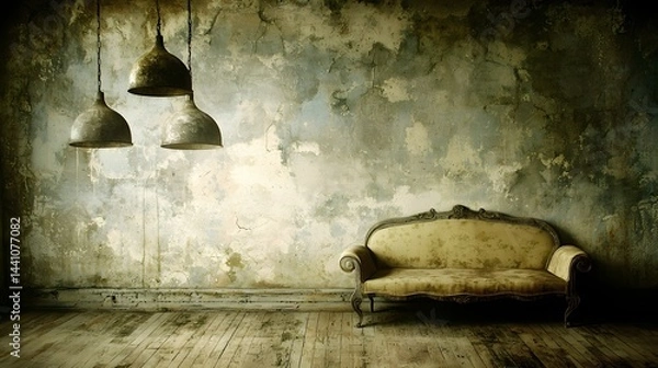 Fototapeta Vintage Sofa in a Dimly Lit, Weathered Interior with Exposed Brick Walls and Hanging Lights