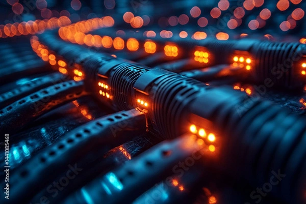 Obraz Close-up of glowing network cables with bright orange lights in a dark server environment.