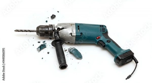 Fototapeta Fractured Teal and Gray Power Drill on White Background for Recycle Ads Promotion and Presentation