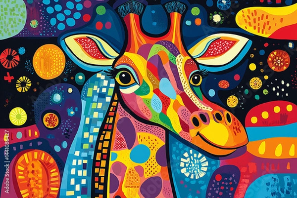 Obraz Vibrant abstract giraffe portrait painted in bold, multicolored geometric patterns.