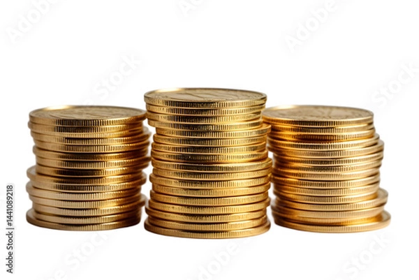 Fototapeta Stacks of golden coins money growth concept isolated on a transparent background,Stack of Golden Coins Isolated on White for Finance Concepts: Wealth and Investment Imagery: Gold, Coins, Stack, Isolat