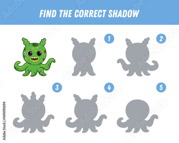 Fototapeta Find correct shadow of cute green monster. Educational logical game for kids. Halloween game. Cartoon monster. Vector
