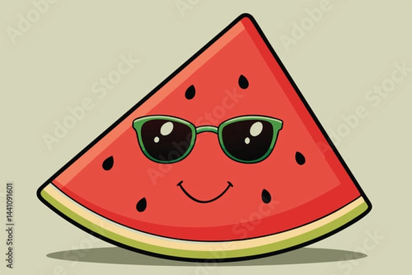Fototapeta Cheerful watermelon character wearing sunglasses and holding a cane, showcasing a playful summer vibe in a vibrant vector illustration