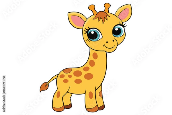 Obraz Cute cartoon giraffe character with big eyes smiling brightly in a cheerful, playful style suitable for children's media and educational materials
