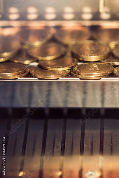 Fototapeta Close-up view of stacked golden coins in a vending machine with a metallic interior showcasing unique design features