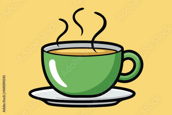 Fototapeta Smiling green cup of steaming hot beverage with steam rising, set against a light blue background, ideal for cheerful illustrations and designs