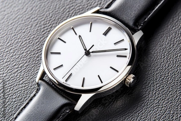 Fototapeta Sleek, minimalist wristwatch with a clean white face and black leather band  Close-up view showcases the timepiece's simple design and polished metal casing