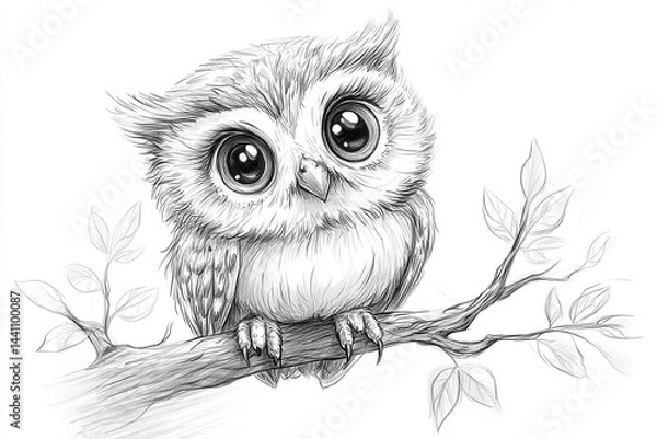 Fototapeta owl on a branch black white outline 
