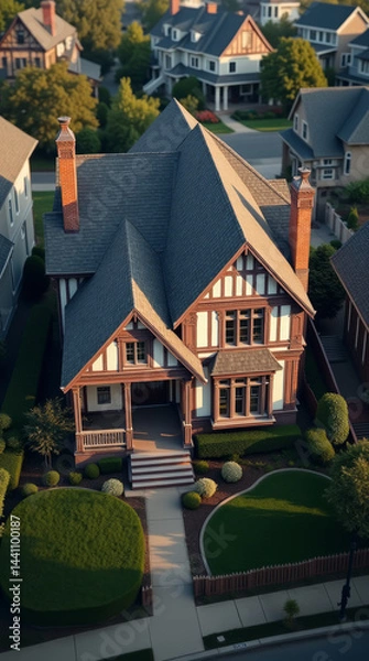 Fototapeta Tudor Revival-Style Home with Decorative Half-Timbering Drone View