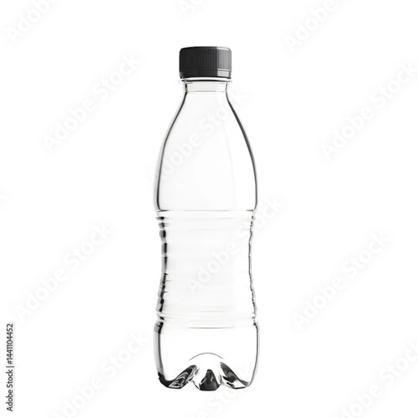 Fototapeta Transparent plastic bottle, featuring a ribbed texture, is presented against a white backdrop.  The bottle is positioned upright, and a dark cap sits on the top.