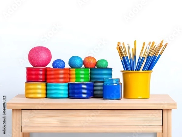 Obraz Colorful paint cans, balls, and brushes on a wooden table