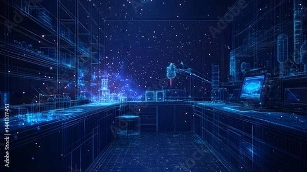 Fototapeta Futuristic blue wireframe laboratory featuring robotic arm, monitors, and beakers. A high-tech scene for science, research, or technology concepts. Abstract wireframe in dark blue