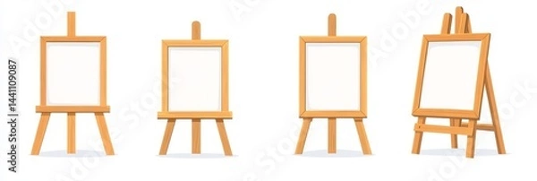 Obraz A 3D illustration of easel stands on a transparent background, featuring a modern wooden tripod with a blank white canvas, shown from the front and side, suitable for art studio or painting school