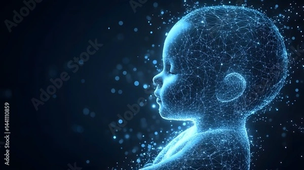 Fototapeta Futuristic digital art showcases a serene baby formed from radiant blue lines, against a dark, bokeh-lit backdrop. Evokes technology, data, and digital life. Abstract wireframe in dark blue.