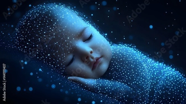 Fototapeta Dreamy image of a sleeping baby enveloped in a glowing digital mesh, suggesting technology and infancy. Bokeh lights add to the serene, futuristic feel. Abstract wireframe in dark blue.