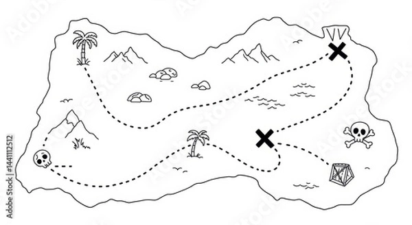Fototapeta Cartoon Treasure Map with Dotted Paths and X Marks