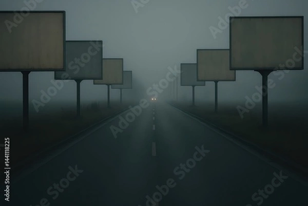 Obraz Foggy road with blank billboards on each side and car approaching in the distance