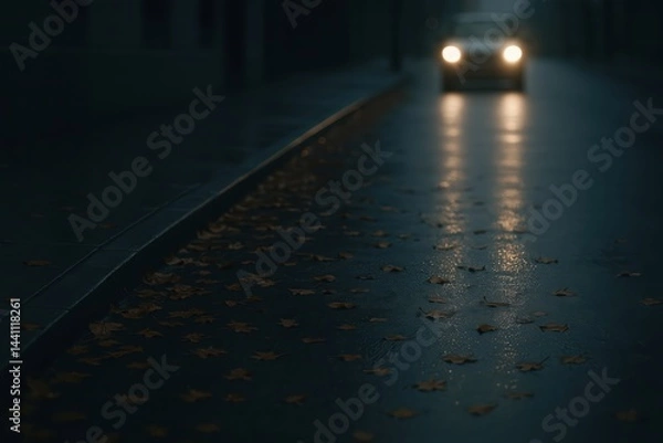 Obraz Wet asphalt street at night with fallen autumn leaves and approaching car headlights