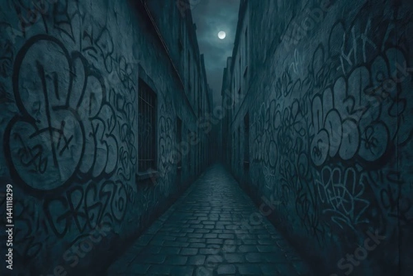 Obraz Narrow cobblestone alley with graffiti covered walls, illuminated by the moonlight at night, creating a mysterious and urban atmosphere