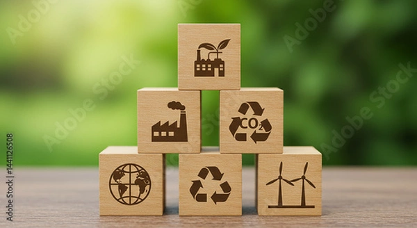 Fototapeta Entrepreneurship, startup, corporate wooden blocks with environmental icons stacked against a blurred green background outdoors in a studio shot