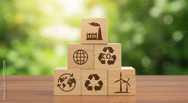 Fototapeta Entrepreneurship, startup, corporate wooden blocks stacked with environmental icons against a blurred green background in a studio shot