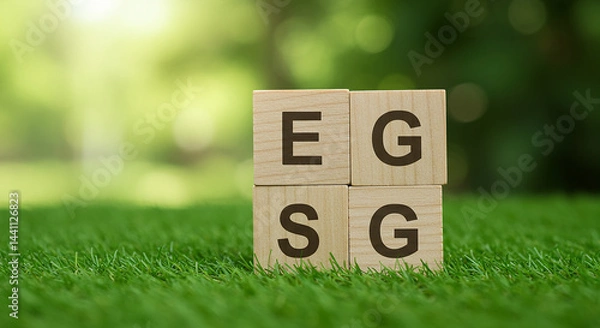 Fototapeta Entrepreneurship, startup, corporate wooden blocks spelling esg on green grass with blurred background representing sustainability concept