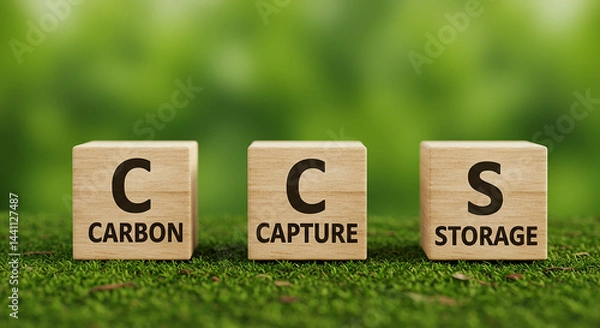 Fototapeta Entrepreneurship, startup, corporate three wooden blocks displaying ccs carbon capture and storage on a green grassy surface outdoors