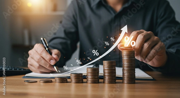 Fototapeta Entrepreneurship, startup, corporate man analyzing coin stacks with upward arrow and percentage signs on a wooden desk with a pen in hand