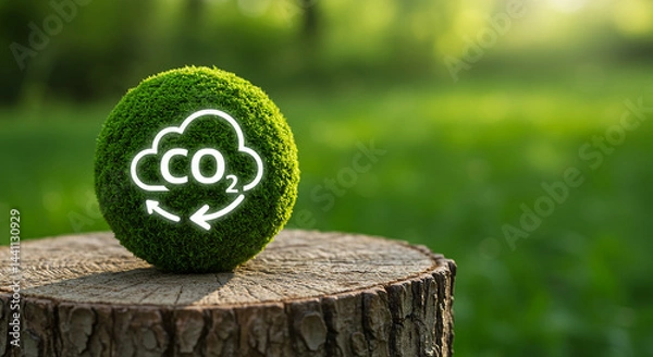 Fototapeta Entrepreneurship, startup, corporate a green moss ball with a co symbol on a tree stump in a green field on a sunny day in the outdoors