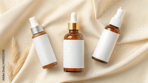 Fototapeta Diverse skincare range: assorted cosmetic bottles on a soft fabric background.
