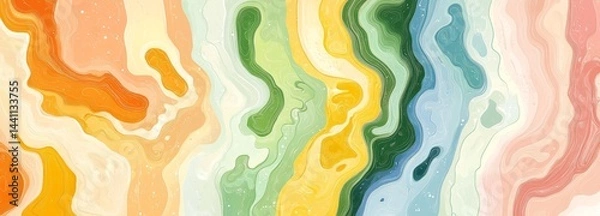 Fototapeta Geometric shapes, vivid colors, and wavy patterns of concentric curved lines define the aesthetic of abstract groovy retro striped backgrounds, popular for their hypnotic 60s-inspired prints in