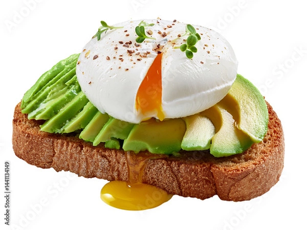 Fototapeta Avocado toast with poached egg and herbs isolated on transparent background