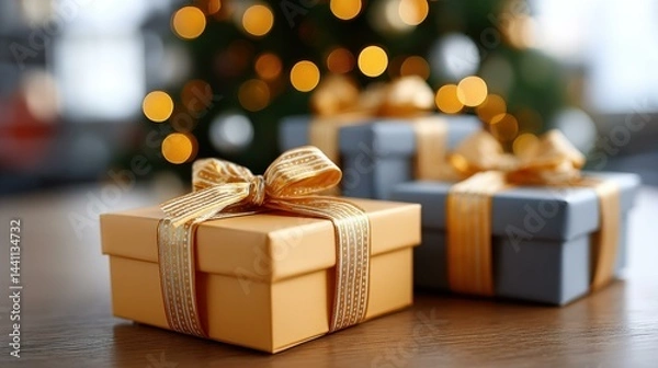 Fototapeta Celebrate the season with a beautiful Christmas tree backdrop featuring soft bokeh lights and ample space for your text.