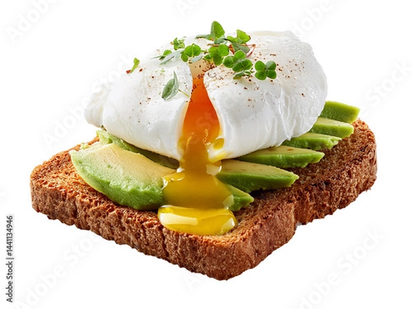 Fototapeta Avocado toast with poached egg and herbs isolated on transparent background