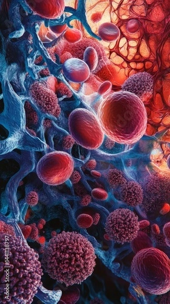 Fototapeta Illustrate a close-up view of blood platelets, highlighting their unique shapes and clustering, set against a vibrant background that emphasizes their essential role in the body's healing