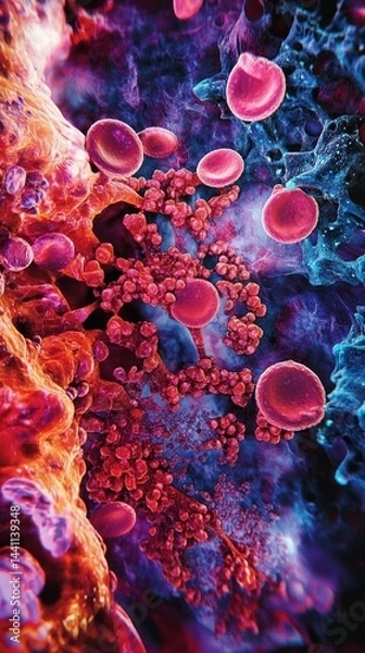 Fototapeta Illustrate a close-up view of blood platelets, highlighting their unique shapes and clustering, set against a vibrant background that emphasizes their essential role in the body's healing