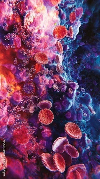 Fototapeta Illustrate a close-up view of blood platelets, highlighting their unique shapes and clustering, set against a vibrant background that emphasizes their essential role in the body's healing