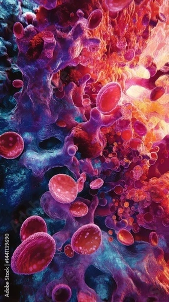 Fototapeta Illustrate a close-up view of blood platelets, highlighting their unique shapes and clustering, set against a vibrant background that emphasizes their essential role in the body's healing