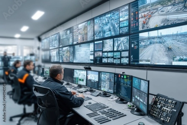 Obraz Control room operators monitoring a complex industrial plant on a wall of screens, ensuring safety and efficiency with advanced technology and vigilant personnel.