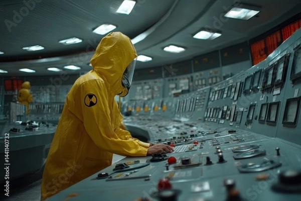 Fototapeta A scientist in a yellow hazmat suit works at a control panel in a nuclear power plant, monitoring critical systems and ensuring safety protocols are followed carefully.