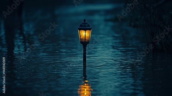 Obraz Streetlamp illuminates waterlogged area during nighttime rain, creating a serene yet melancholic atmosphere