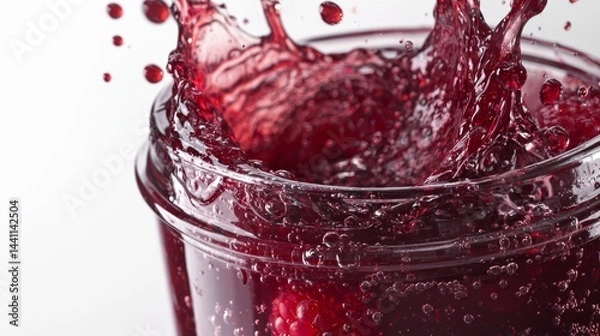 Fototapeta Bright red beverage splashes in clear container creating a vibrant water effect